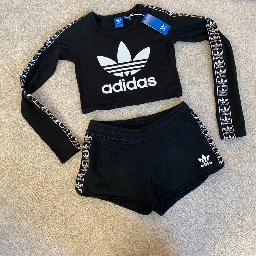 Adidas black logo crop top & shorts two piece set